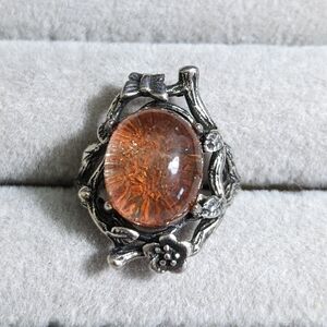 Vintage Silver Floral Ring with Amber Stone